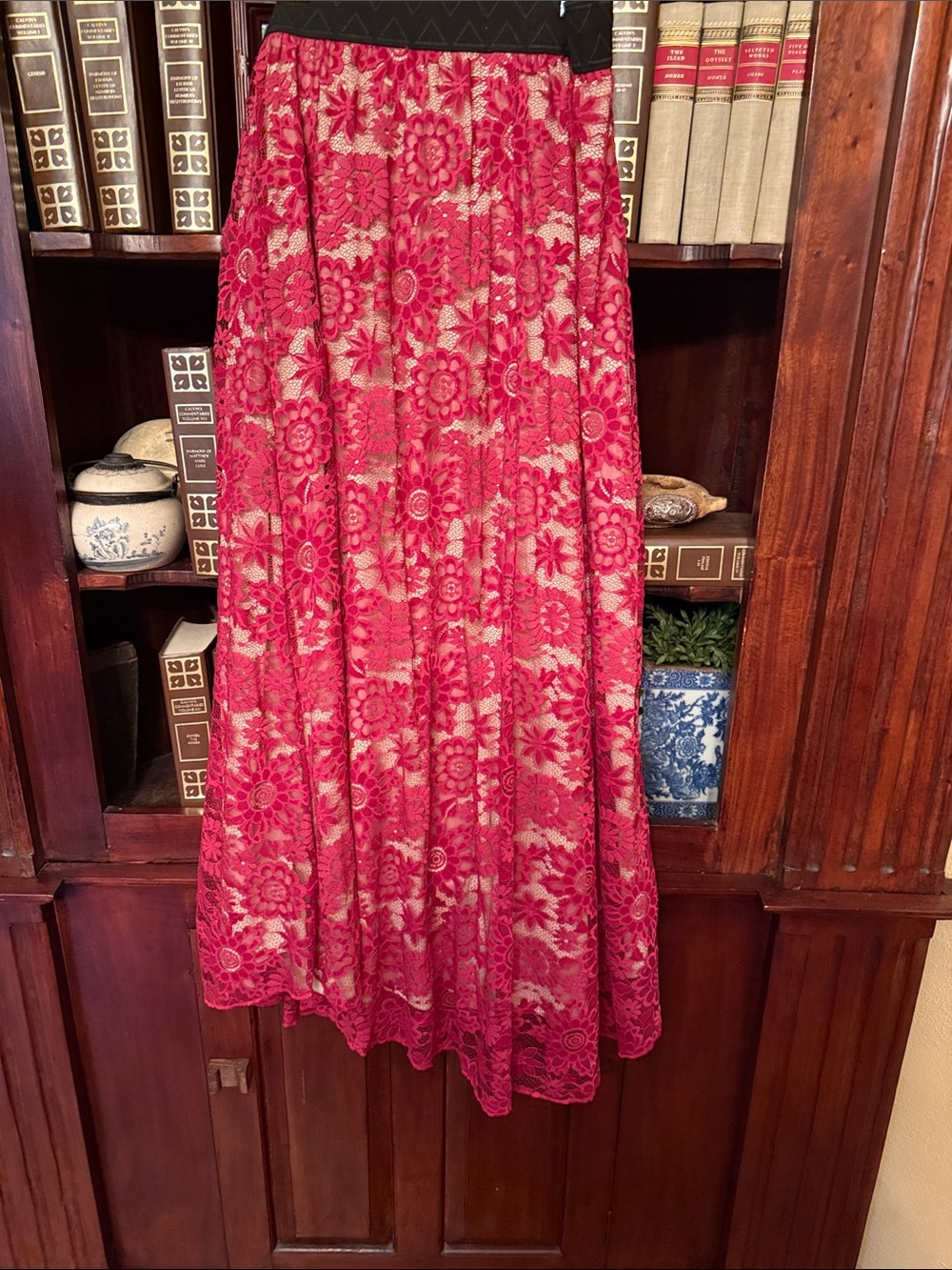 LuLaRoe Red Pink Floral Lace Maxi Skirt